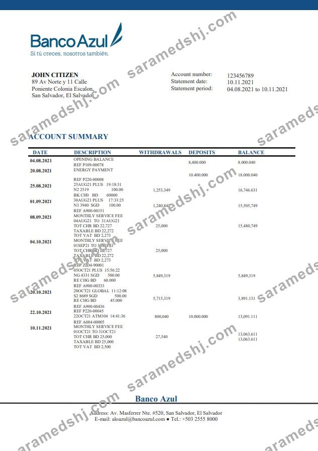 Salvador Banco Azul bank statement